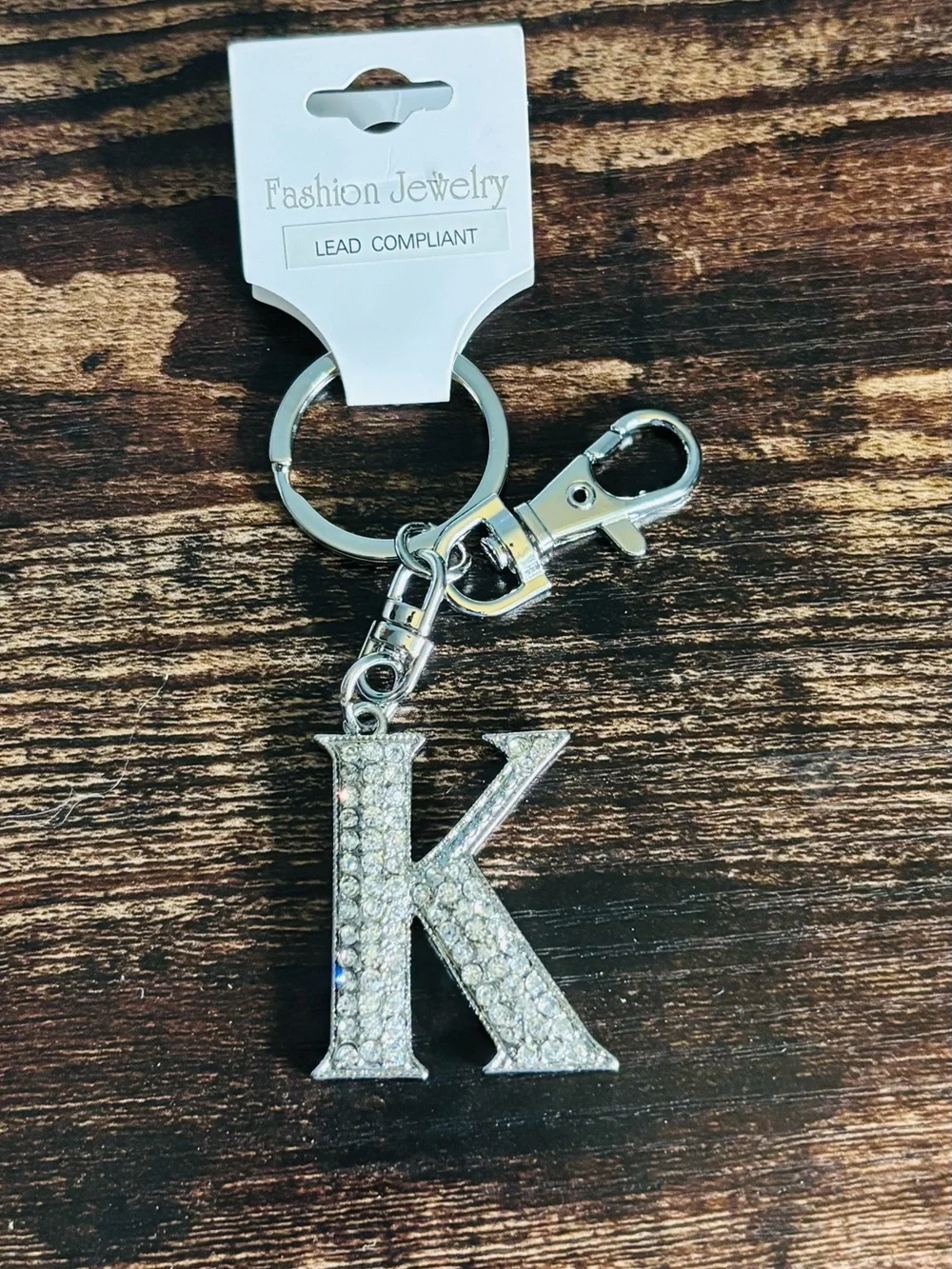 Silver Tone‎ Sparkling Crystal Rhinestone Letter K Key Ring with Clasp